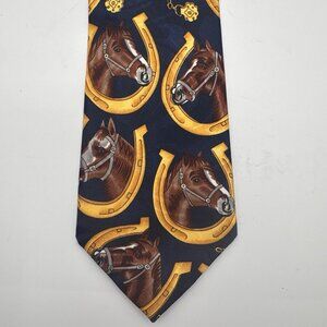 Renaissance Necktie Horses Blue Gold Hand Made Men's Tie Equestrian Horseshoes